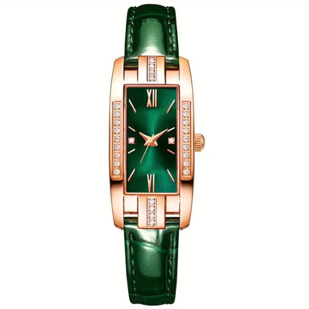 Vintage Rectangle Ladies Quartz Watch with Rhinestone, Roman Numeral Dial Green - Picture 2 of 5
